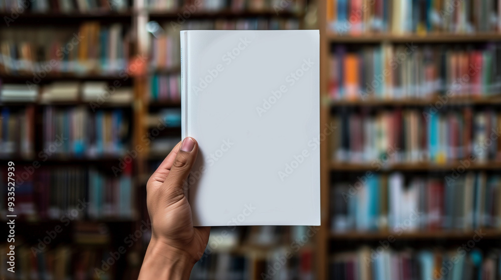 hand holding white book, front cover blank. isolated Slightly blurred library background, Ai Generated Images hand holding white book, front cover blank. isolated Slightly blurred library background, Ai Generated Images