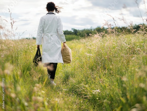 Doctor in a Meadow, a healthcare professional in a white coat strolls through lush tall grass, carrying a medical bag, ideal for conveying health messages on the left.