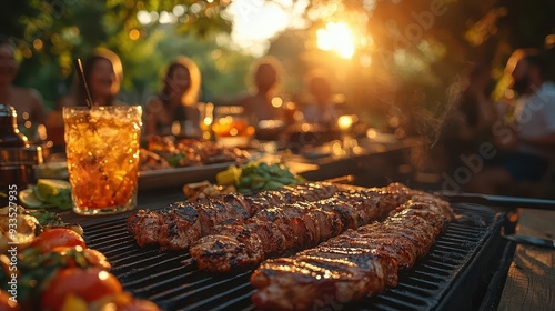 sizzling summer bbq scene with vibrant grilled meats on a rustic outdoor table surrounded by laughing friends and colorful cocktails golden afternoon light filtering through trees