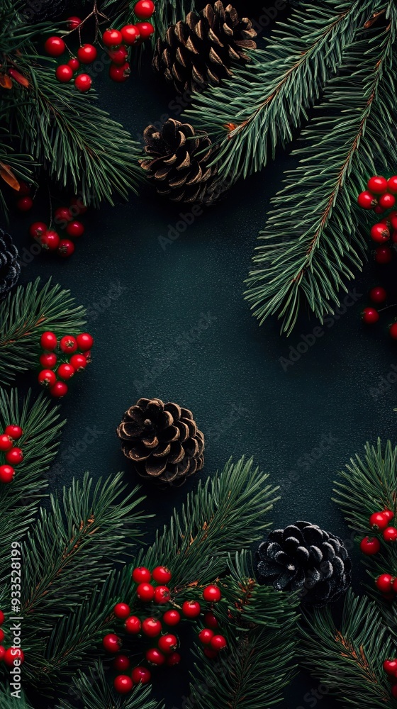  A black background with pine cones, red berries, and green branches. Christmas wallpaper
