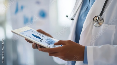 Healthcare professional reviewing patient history on a digital tablet, research charts displayed in the background, ample space for additional text on the right side