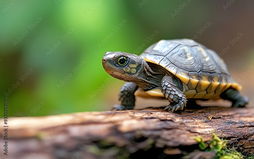 A close-up of a turtle exploring a log in a lush green environment, showcasing its intricate shell patterns and vibrant colors. A close-up of a turtle exploring a log in a lush green environment, showcasing its intricate shell patterns and vibrant colors.