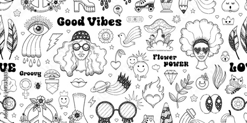 Hippy stickers. Groovy icons with peace sign, flower, mushroom, smile. Retro boho 70s clipart. Doodle emoji graphic. Hippie element. Logo, tattoo, music cute psychedelic vector art. Hippy groovy funky