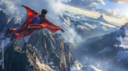 a brave individual in a sleek orange wingsuit glides through the air with arms outstretched, soaring above snow-capped mountains with rocky peaks visible below, AI generated Images