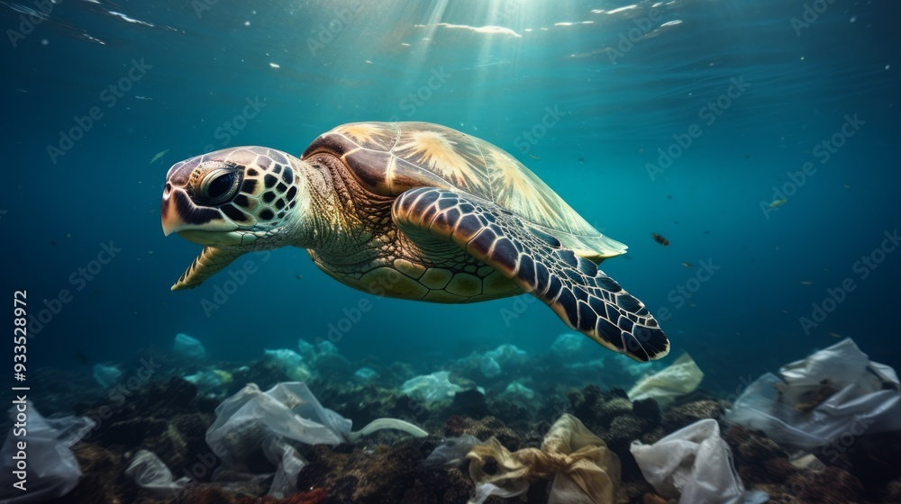 Obraz premium Tropical turtle and plastic bag in ocean underwater space. Neural network ai generated art