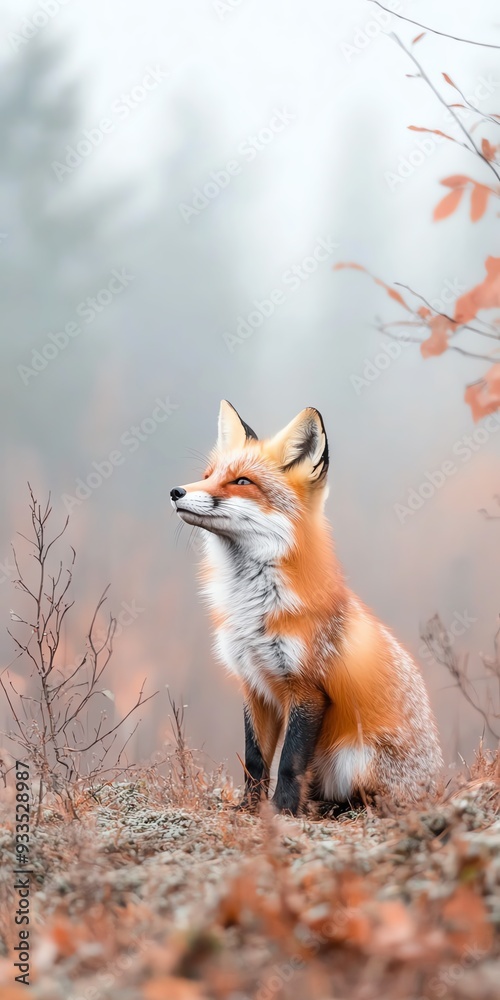 Obraz premium A majestic fox sits gracefully in a misty forest, showcasing its vibrant fur against the serene autumn landscape.