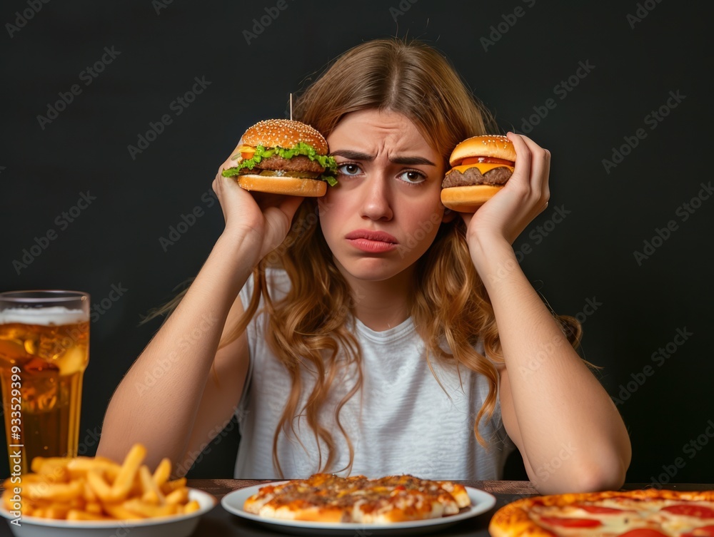 The image shows a young woman with long hair sitting at a table, holding a burger in each hand, looking distressed and overwhelmed. The image shows a young woman with long hair sitting at a table, holding a burger in each hand, looking distressed and overwhelmed.