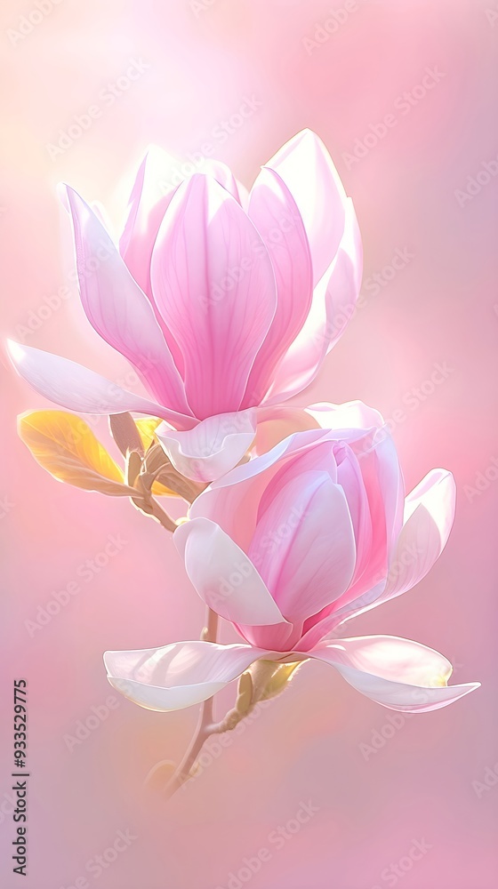 Obraz premium Beautiful blooming Chinese magnolia tree in spring garden. Closeup bloom flowers on sunny day. Woman's or Valentine Day. Romantic floral background for design greeting card, banner, poster, wallpaper