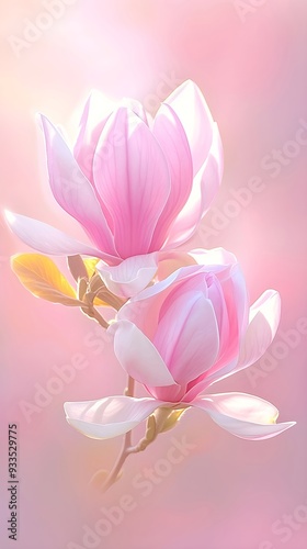 Beautiful blooming Chinese magnolia tree in spring garden. Closeup bloom flowers on sunny day. Woman's or Valentine Day. Romantic floral background for design greeting card, banner, poster, wallpaper