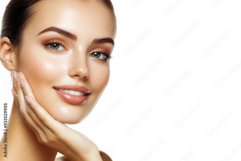 A young European woman touching her cheek and smiling at the camera over a white background. Concept of cheek fillers, cheekbone lifting. A young European woman touching her cheek and smiling at the camera over a white background. Concept of cheek fillers, cheekbone lifting.