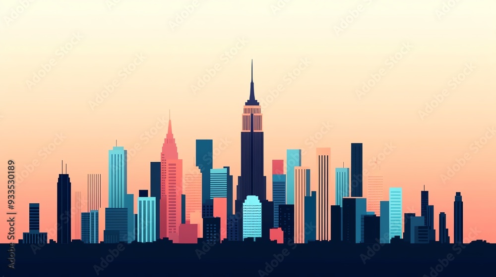 Obraz premium A stunning silhouette of a city skyline against a colorful sunset, showcasing iconic buildings and vibrant hues.