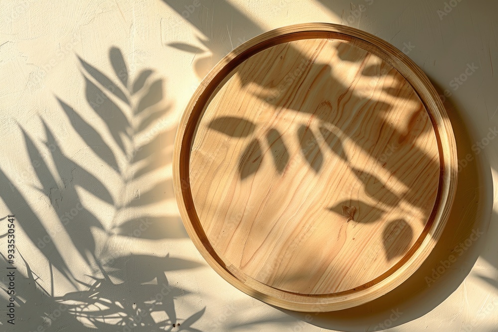 Fototapeta premium Empty wooden circle product display with leaf shadow, raw photo