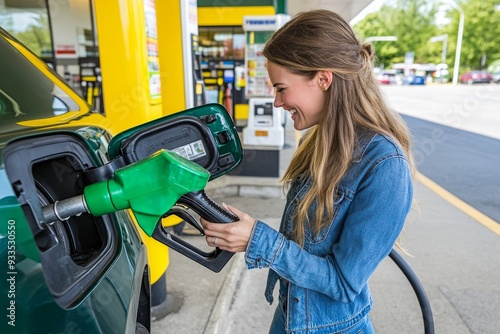 A happy European woman fuels her car at an outdoor petrol station, a female driver is standing nearby with a filling gun nozzle.