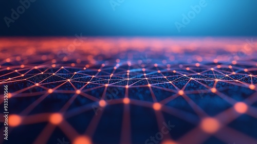 Abstract digital network background in blue and red tones, representing connections and data flow in technology.