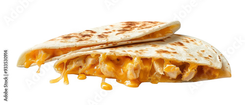 Set of isolated chicken quesadilla with melted cheese dripping on transparent background. cut flower elements, garden themed designs. Top view high quality PNG.