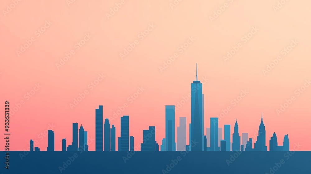 Obraz premium Minimalist city skyline at sunset, featuring tall buildings silhouetted against a soft gradient sky.