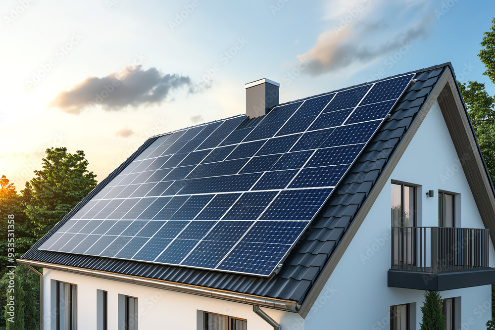 Obraz premium A modern house with solar panels on the roof, showcasing renewable energy and sustainable living under a clear blue sky.