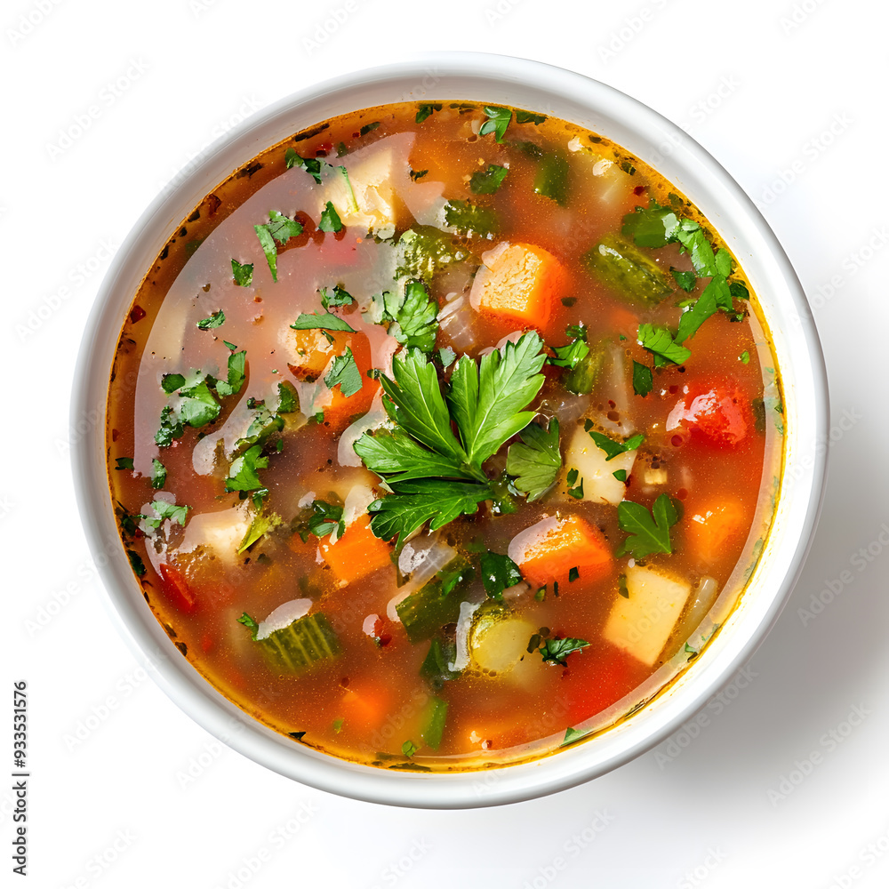 Homemade vegetarian soup in white bowl top view isolated on white background Homemade vegetarian soup in white bowl top view isolated on white background