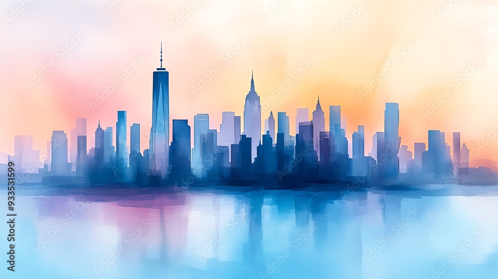 Fototapeta premium Vibrant watercolor depiction of a city skyline at sunset, featuring iconic skyscrapers reflecting in calm waters.