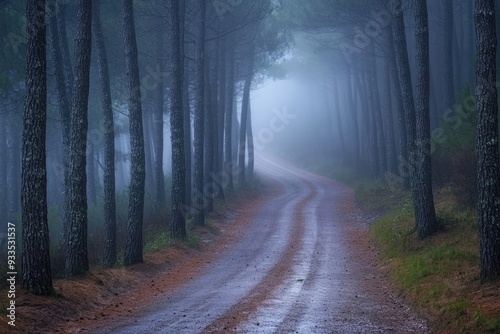 Foggy forest road surrounded by pine trees, eerie and atmospheric