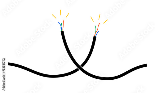 Hand drawn cute cartoon illustration of broken sparking electric wire. Flat vector disconnected damaged energy cord doodle. Short circuit. System network error 404 icon. Not found mistake. Isolated.