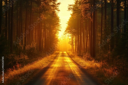 Sunset over a road in pine forest, golden light creating a magical scene