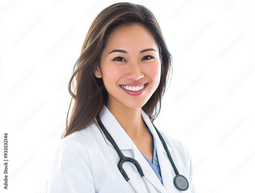 Asian doctor woman in professional medical attire, primarily a white lab coat, is set against a simple background that showcases her healthcare expertise. Asian doctor woman in professional medical attire, primarily a white lab coat, is set against a simple background that showcases her healthcare expertise.