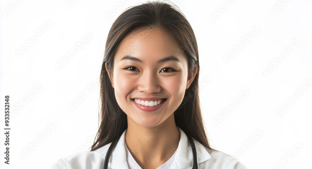 Asian doctor woman in professional medical attire, primarily a white lab coat, is set against a simple background that showcases her healthcare expertise. Asian doctor woman in professional medical attire, primarily a white lab coat, is set against a simple background that showcases her healthcare expertise.