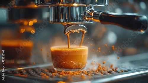 sleek espresso machine in action closeup of rich crema forming steam rising polished chrome warm lighting aromatic atmosphere