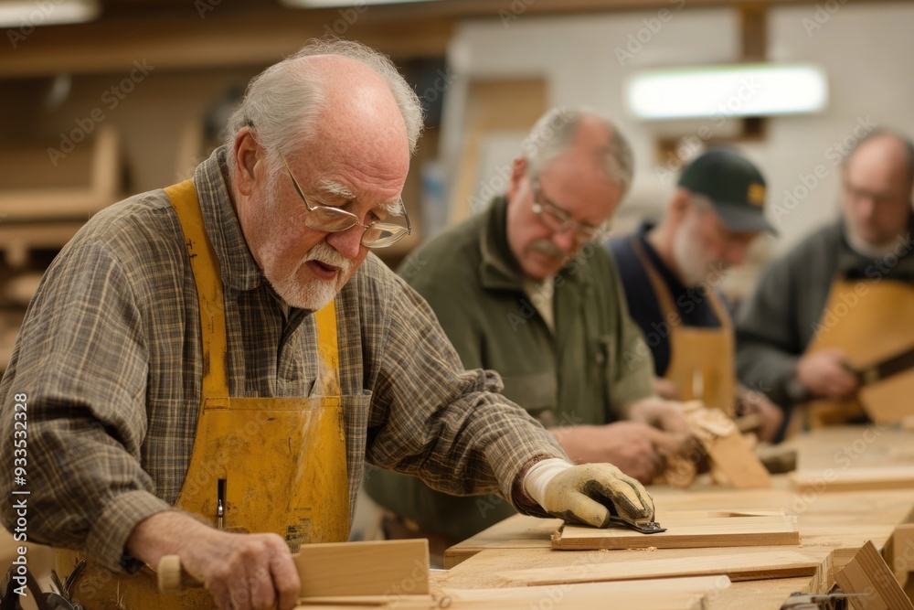 Elderly men in a woodworking class, each working on their own projects, learning new skills with the help of an experienced instructor Elderly men in a woodworking class, each working on their own projects, learning new skills with the help of an experienced instructor