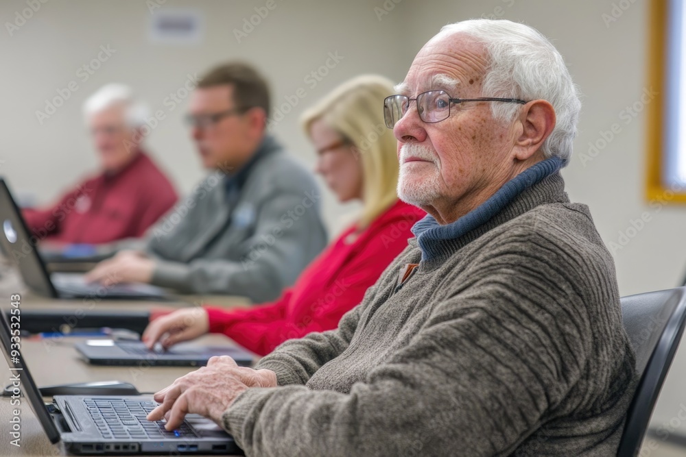 Seniors in a comfortable classroom, each working on laptops and discussing the benefits of technology in their daily lives Seniors in a comfortable classroom, each working on laptops and discussing the benefits of technology in their daily lives