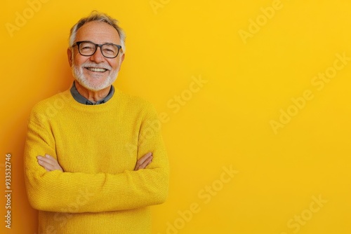 Half body shot of a cheerful older man, wearing glasses, standing against a solid yellow background with room for messaging