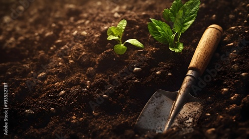 Close up of gardening tools and fresh green plants growing in fertile soil