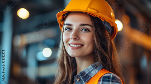 Smiling Girl with Construction Helmet and Woman Engineer at Work on Labor Day