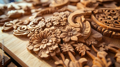 A close-up of intricately carved wooden handicrafts, with ample space on the side for copy