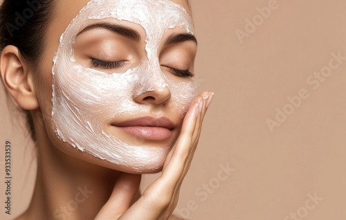 Young European woman posing on beige studio background, applying mask to half of her face and enjoying healthy pampering treatment