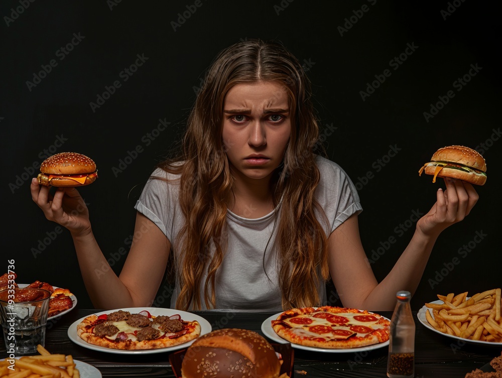The image shows a young woman with long hair sitting at a table, holding a burger in each hand, looking distressed and overwhelmed. The image shows a young woman with long hair sitting at a table, holding a burger in each hand, looking distressed and overwhelmed.