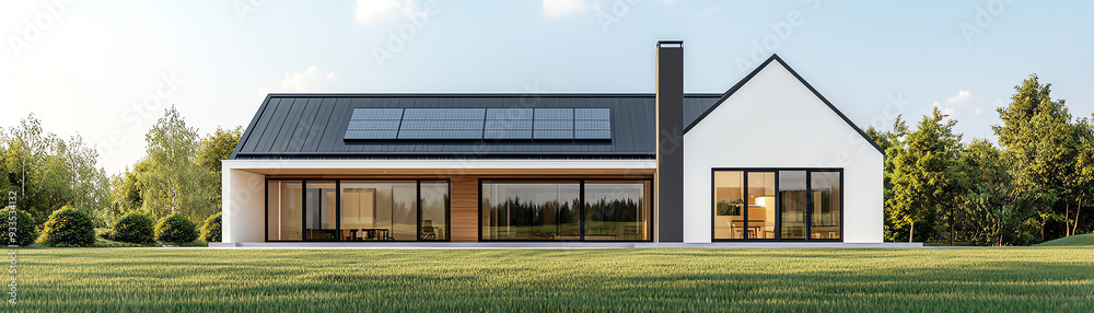 Obraz premium Modern house with large windows and solar panels, surrounded by lush greenery in a serene landscape.
