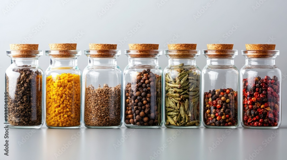 A collection of aromatic spices in glass jars, with ample space on the top for copy A collection of aromatic spices in glass jars, with ample space on the top for copy
