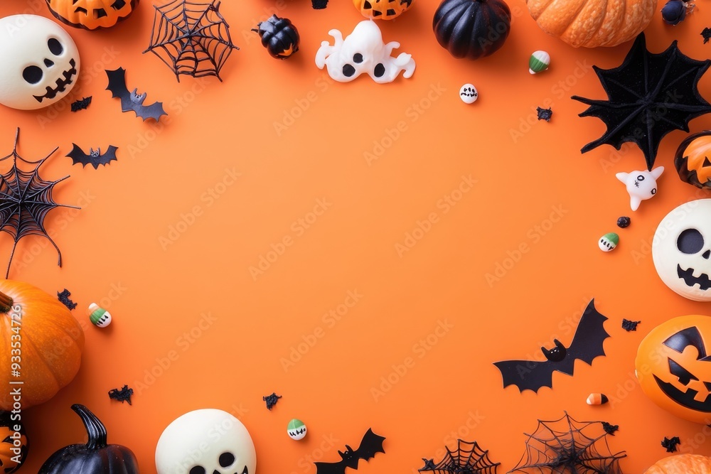 Fototapeta premium Top view of spooky Halloween decorations on an orange background with a central blank space, perfect for creating greeting cards or party invitations