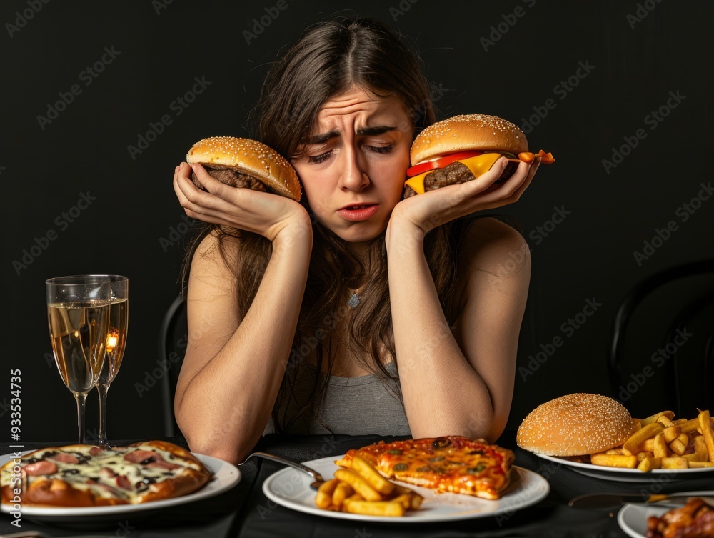 The image shows a young woman with long hair sitting at a table, holding a burger in each hand, looking distressed and overwhelmed. The image shows a young woman with long hair sitting at a table, holding a burger in each hand, looking distressed and overwhelmed.