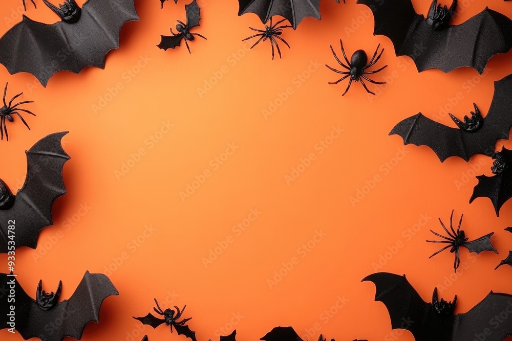A festive Halloween flat lay with black bats and spiders on an orange background, creating a space in the center for custom text, ideal for greeting cards A festive Halloween flat lay with black bats and spiders on an orange background, creating a space in the center for custom text, ideal for greeting cards