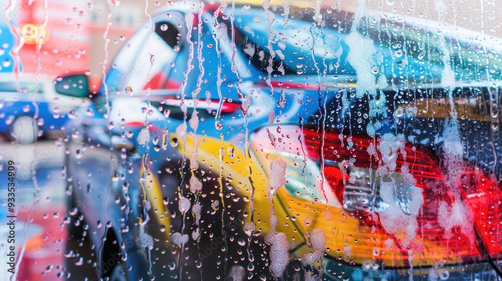 Obraz premium A car is covered in foam and water. The foam is red and orange. The car is parked on a street