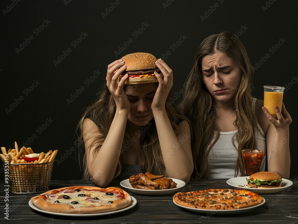 The image shows a young woman with long hair sitting at a table, holding a burger in each hand, looking distressed and overwhelmed. The image shows a young woman with long hair sitting at a table, holding a burger in each hand, looking distressed and overwhelmed.