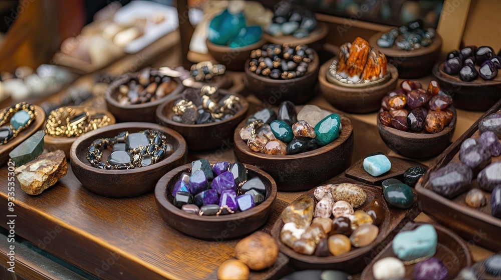 A display of handcrafted jewelry with gemstones, with space on the top for a message A display of handcrafted jewelry with gemstones, with space on the top for a message