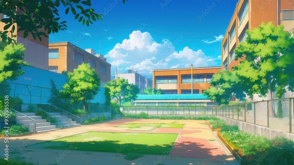 Fototapeta premium Illustration of Schoolyard with brightly colored school buildings, and walkways surrounded by green trees. anime style 