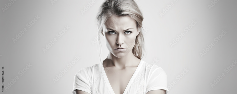Woman with a serious expression crossing her arms, captured in a minimalistic studio setting Woman with a serious expression crossing her arms, captured in a minimalistic studio setting
