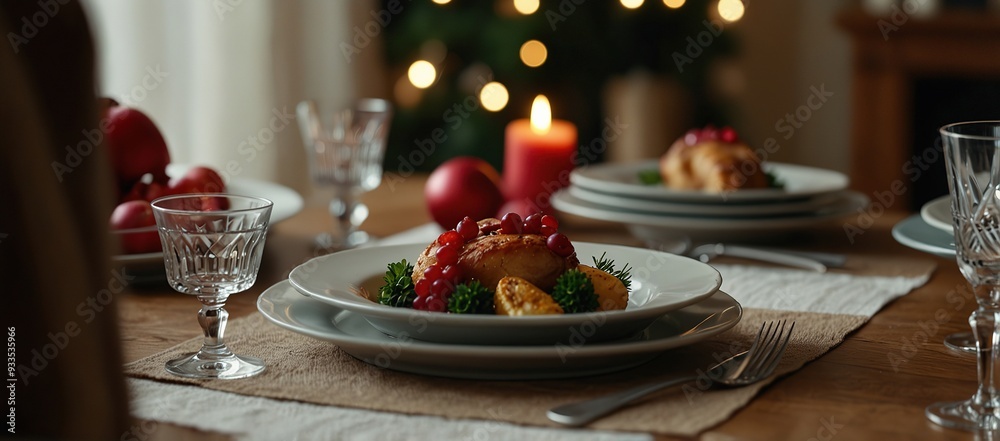 Naklejka premium Table served for Christmas dinner in living room, close up view