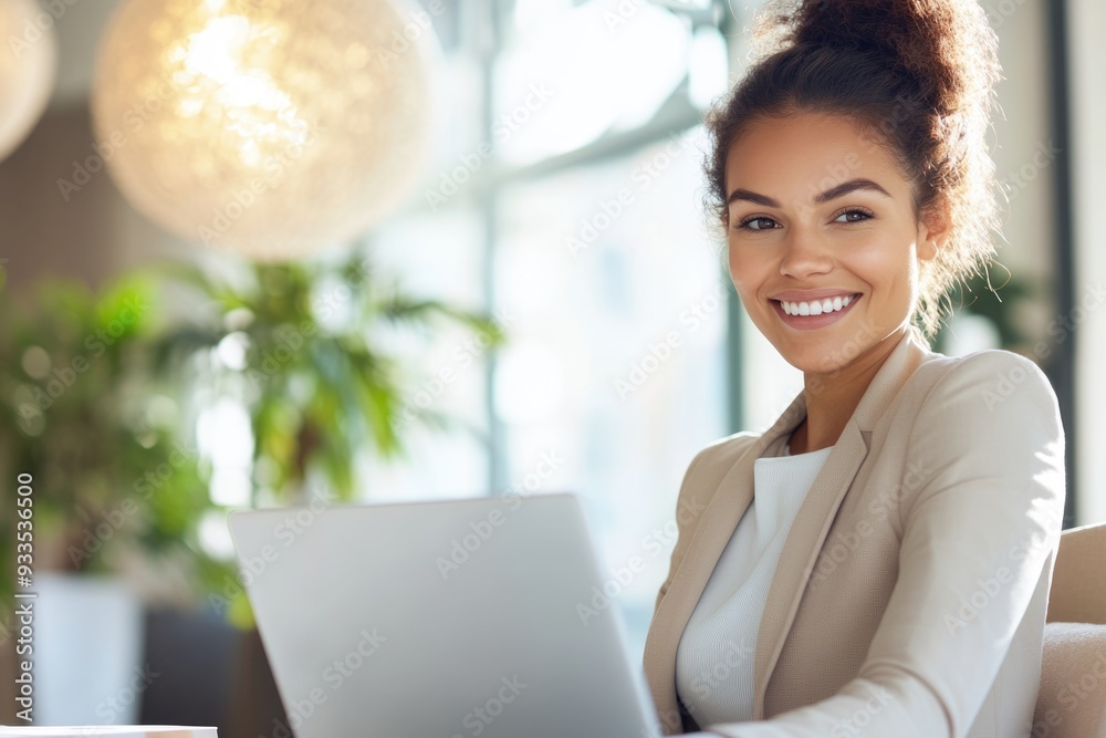 A high-resolution photograph of a young woman marketer, smiling as she reviews her work on a laptop in a bright, elegant office setting A high-resolution photograph of a young woman marketer, smiling as she reviews her work on a laptop in a bright, elegant office setting