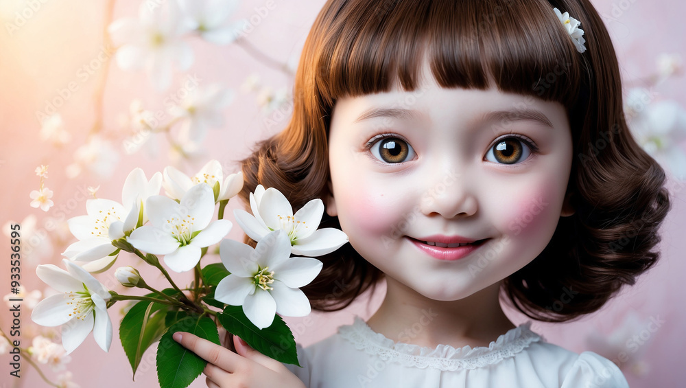 Amine character beautiful girl chocolate hair color tender smile with Jasmine in hands Amine character beautiful girl chocolate hair color tender smile with Jasmine in hands